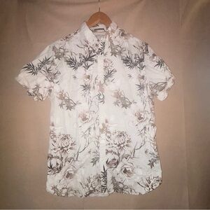 Denim & Flower White Casual Button Down Shirt with Floral Design